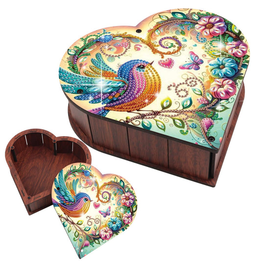 DIY Special Shaped Diamond Painting Storage Box Kit, Heart-Shaped Wooden Diamond Art Organizer with Colorful Bird and Flower Design, Decorative Gift Case for Jewelry, Accessories & Desktop Display
