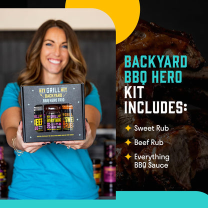 Hey Grill Hey | BBQ Seasoning and Barbeque Sauce Gift Set | Seasoning Set | Beef Rub, Sweet Rub, Everything Barbecue Sauce | Backyard BBQ Hero Trio