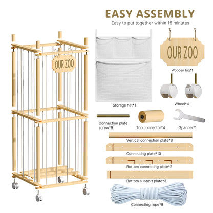 UAMFURI Stuffed Animal Storage with Net Wooden Toy Storage Organizer Stuffed Animal Zoo Storage with Lockable Wheels for Toddler Rooms, Playrooms & Bedrooms (2-Layers)