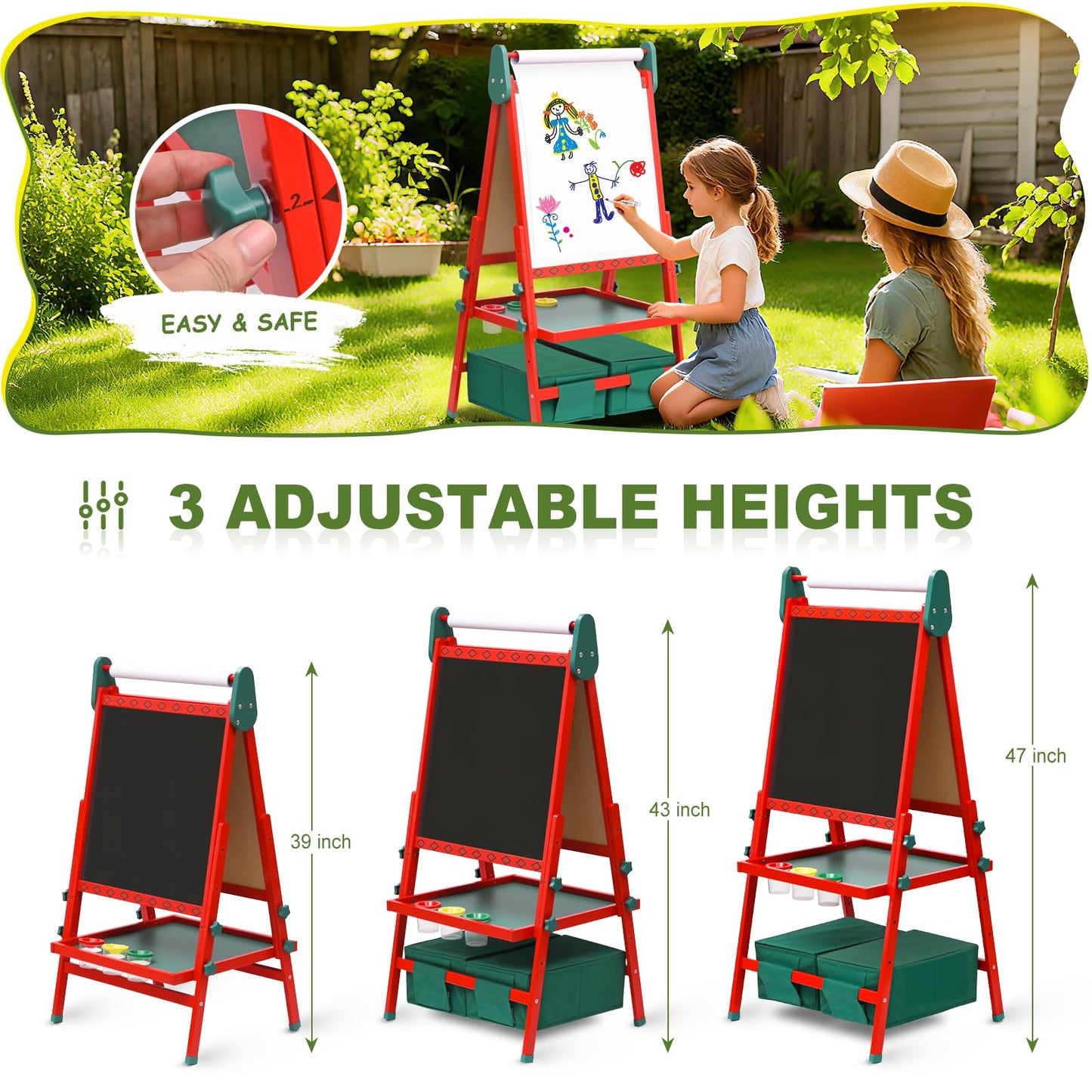 BBV Kids Wooden Easel with Paper Roll, Adjustable Magnetic Double Sided Drawing Board Whiteboard & Chalkboard Dry Easel Board, Children Art Easel for 3~12 Years Kids Boys Girls Painting Drawing（Red）