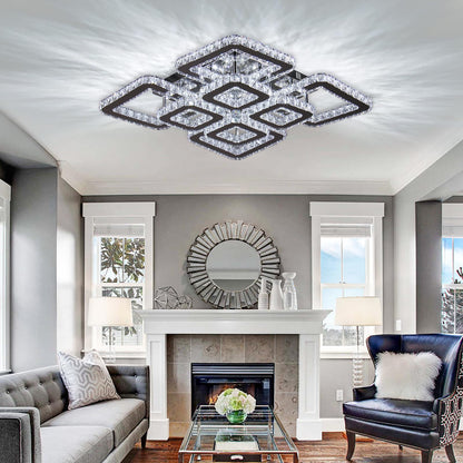 FRIXCHUR 20”Crystal Chandelier Square Led Crystal Flush Mount Ceiling Light 8 Lights Modern Crystal Ceiling Pendant Light Led Crystal Chandelier for Living Room Bedroom Cool White 6500K