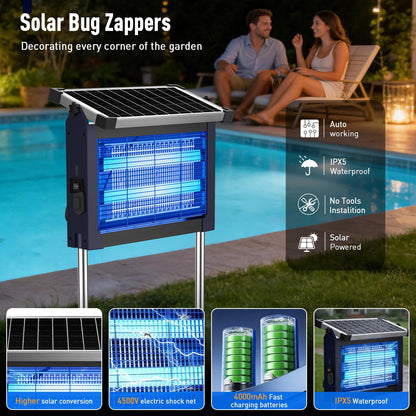 Solar Bug Zapper Outdoor Waterproof, Mosquito Zapper USB-C Rechargeable Solar Bug Zapper Outdoor, 4500V Electric Bug Zapper, Mosquito Trap Fly Zapper Killer for Patio Garden Backyard Camping Garage