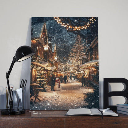Festive Winter Town Wall Art – Snow Covered Village, Holiday Lights And People Poster Print for Teen Boys Room Wall Art Canvas Painting Print 12x18inch(30x45cm)