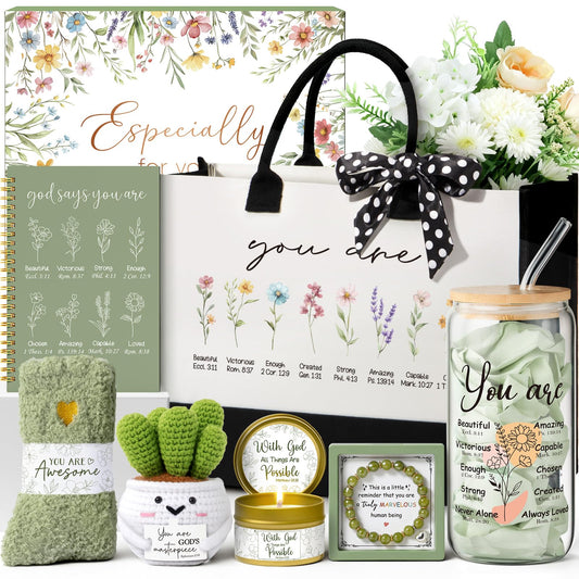 Christian Gifts for Christians Women Faith, Religious Inspirational Easter Gifts for Catholic Women, Spiritual Easter Basket Birthday Gift Set for Her Mom Sister Friend Grandma Wife w/ Canvas Tote Bag