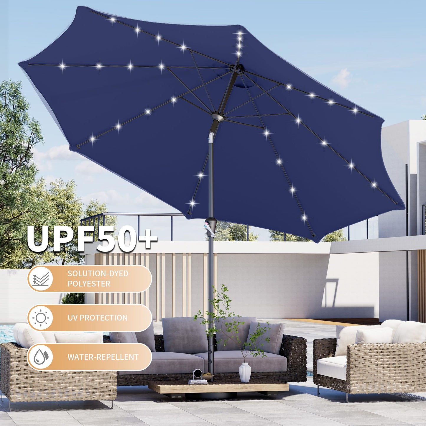 Kingdura 9FT Outdoor Patio Umbrella with Solar Lights, Market Table Umbrella with Push Button Tilt & Crank, 8 Sturdy Ribs, 32 LED Lights, UV Protection for Garden Lawn Deck Backyard Pool (Navy blue)