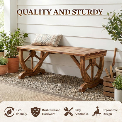 Outvita 39'' Outdoor Wooden Bench, 2-Person Rustic Wagon Wheel Bench with Slatted Seat and Carbonized Fir Wood Construction, Weather-Resistant Garden Bench for Patio, Porch and Backyard(Light Brown)