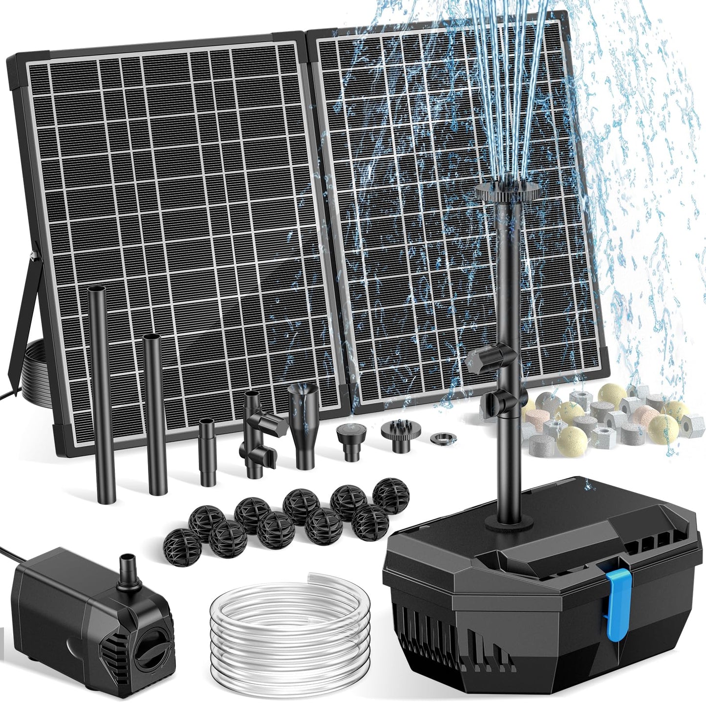 NFESOLAR 30W Solar Pond Filter Kit with Fountain Pump, 210 GPH Solar Pond Pump & Outdoor Filter Box, Submersible Water Pump with 16.4FT Cable & 6.6FT Tubing for Koi Pond, Fish Tank, Garden Fountain