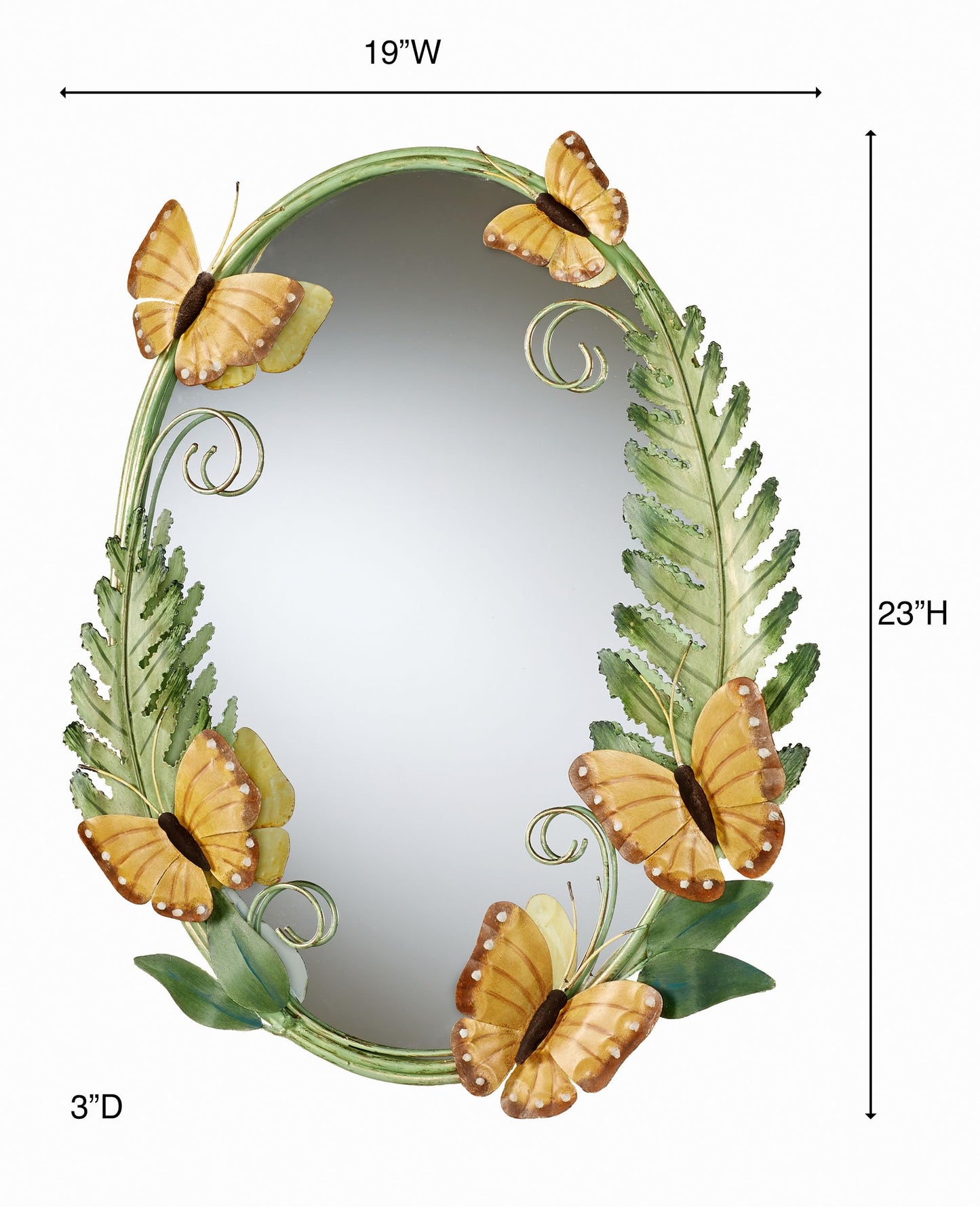 Butterfly Song Decorative Oval Wall Mirror | Designed by Joanne Ferrara | Handcrafted Metal Mirrored Artwork | Handpainted Green, Gold, and Golden Yellow Earth-Toned Butterflies, Leaves, & Fern Plants