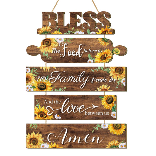 Sintuff Sunflower Kitchen Wall Decor Bless The Food Before Us Sign Farmhouse Wooden Signs Rustic Dining Room Wall Art Country Vintage Hanging Decoration for Home Kitchen Room(Classic Style)