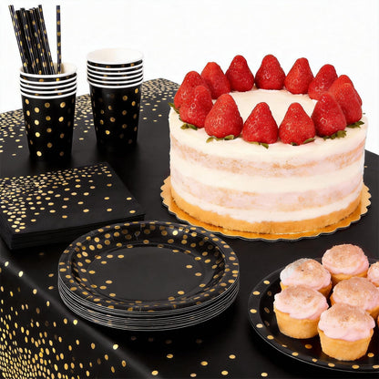 PHOGARY 61 Pcs Black Gold Disposable Tableware Set, Paper Plates and Napkins Party Supplies Dinnerware Golden Dot Black Plates Cups Straws Napkins Plastic Tablecloths for Birthday Party Decorations