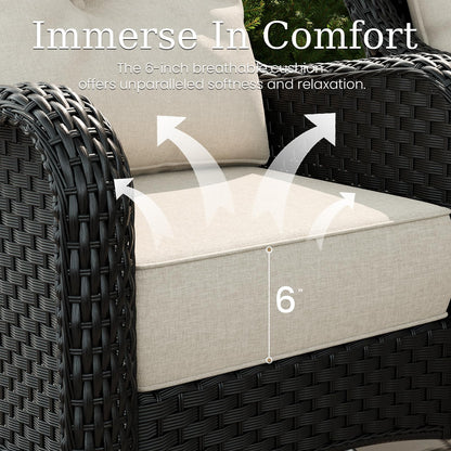Aeeiua 8 Piece Patio Furniture Set with Fire Pit Table, All-Weather Wicker Outdoor Conversation Set with Swivel Rocking Chair and 6 Inch Thick Cushions