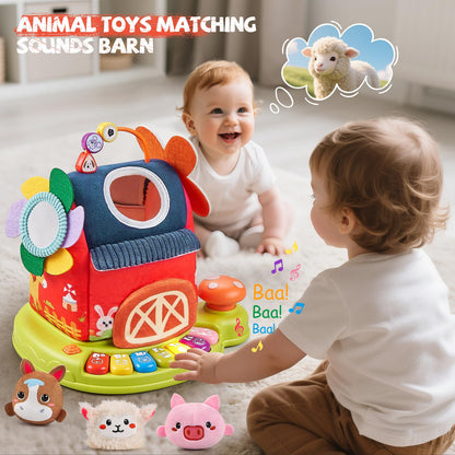 Vanvimen Musical Baby Toys 6-12 Months, Surprise Barn with 7 PCS Stuffed Farm Animals, 4 Mode Sound and LED Lights, Montessori Sensory Toys for 6 12 Months, Ideals 6 7 8 9 Month Old Baby Gifts Toy