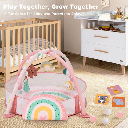 7-in-1 XL Large Baby Play Gym Mat, Tummy Time Mat, Baby Gym & Ball Pit, Baby Activity Mat with Milestone Cards & 6 Detachable Toys for Sensory Motor Skill, Rainbow