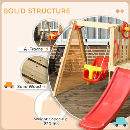 Outsunny Swing Set for Backyard, Wooden Toddler Outdoor Playset with Baby Swing Seat, Kids Slide, Fort, Playground Equipment with Captain's Wheel, Telescope for Ages 1.5-4, Red