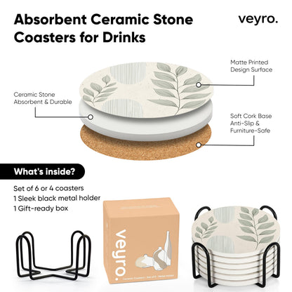 VEYRO Ceramic Coasters Set of 4 – Absorbent Stone Drink Coasters with Holder, Non-Slip Cork Backing, Modern Marble Look Coasters for Coffee Table, Desk & Home Decor