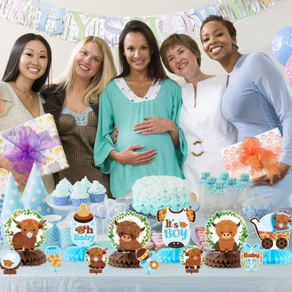 12Pcs Greenery Highland Cow Honeycomb Centerpieces Blue Highland Cattle Party Table Decoration It's a Boy Gender Reveal Cutout Welcome Baby Party Table Topper Photo Prop Decor