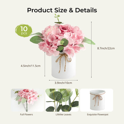 Auihiay 10PCS Flower Table Centerpieces, Hydrangea Artificial Flowers with Vase, Faux Silk Hydrangea Flowers Arrangement for Spring Wedding Table Centerpiece Floral Vase Home Office Decor (Pink)