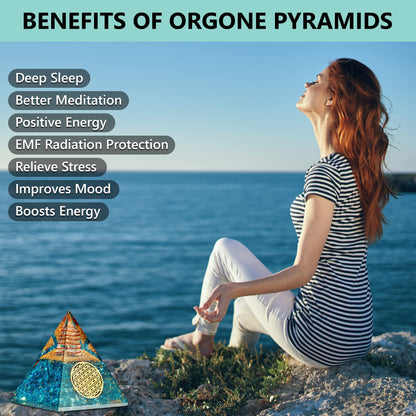 Anaya Agate Aquamarine Orgone Pyramid, Aquamarine Crystal Pyramid w/Positive Energy, Handmade Orgonite Pyramids for Chakra Cleansing, Mindfulness, Crystal and Healing Stones, Christmas Gifts for Women