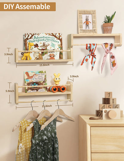 Maxpeuvon Nursery Floating Shelves for Wall, Set of 3 Book Shelves Natural Wood Wall Mounted Organizer with Towel Bar Hanging Bookshelves Nursery Decor for Kids Room, Bedroom and Kitchen