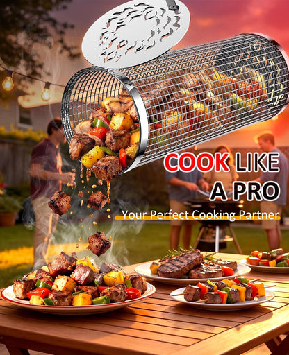 Rolling Grill Basket, Removable Wooden Handle, 304 Stainless Steel, Nesting BBQ Tools for Vegetable, Outdoor Smoker Camping Accessories, Father's Day Gifts Birthday Gift for Men Dad Husband