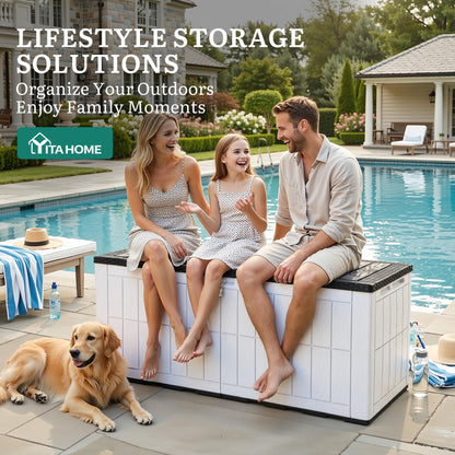 YITAHOME 134 Gallon Large Deck Box, Waterproof Resin Outdoor Storage Box with Lock and 2-Person Bench Seating for Patio Furniture Cushions,Garden Tools & Pool Accessories, Black & Grayish-White