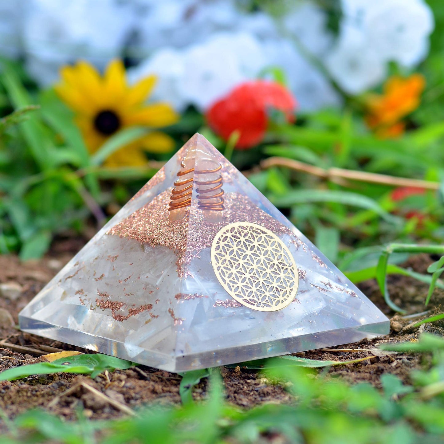 Orgone Selenite Crystal Pyramid with Flower of Life –for Chakra Healing and Spiritual Protection from E-emission and Negative Energy