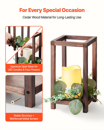 VEVOR 12 Set/36 Pcs Wooden Wedding Lantern Centerpiece, Includes 12 Wooden Lantern Candle Holder 12 Flameless LED Candle 12 Eucalyptus Leaves Wreath for Wedding Table Party Farmhouse Decor, Brown