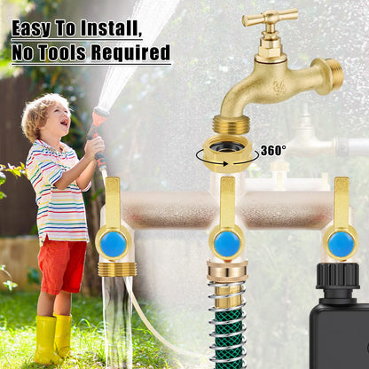 Upgraded Brass Garden Hose Splitter, 3/4" Hose Splitter 3 Way Heavy Duty with Extension Handles, Outdoor Faucet Splitter Water Spigot Splitter with Individual On/Off Valve