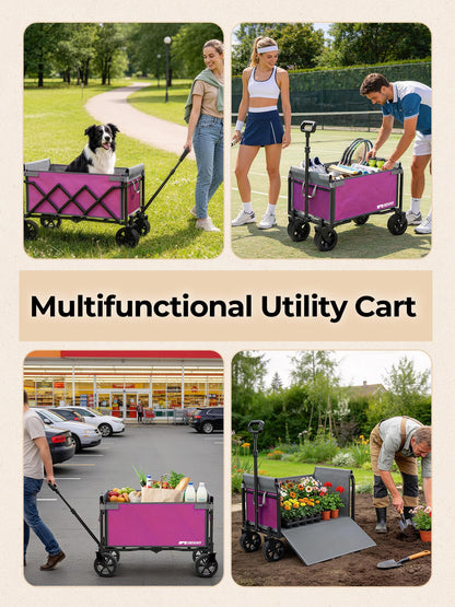 Aimnny Pink Folding Wagon Cart with Wide Wheels, Lightweight & Portable, Easy Fold & Removable Side Utility Wagon for Groceries, Gardening, Camping, Pet Use