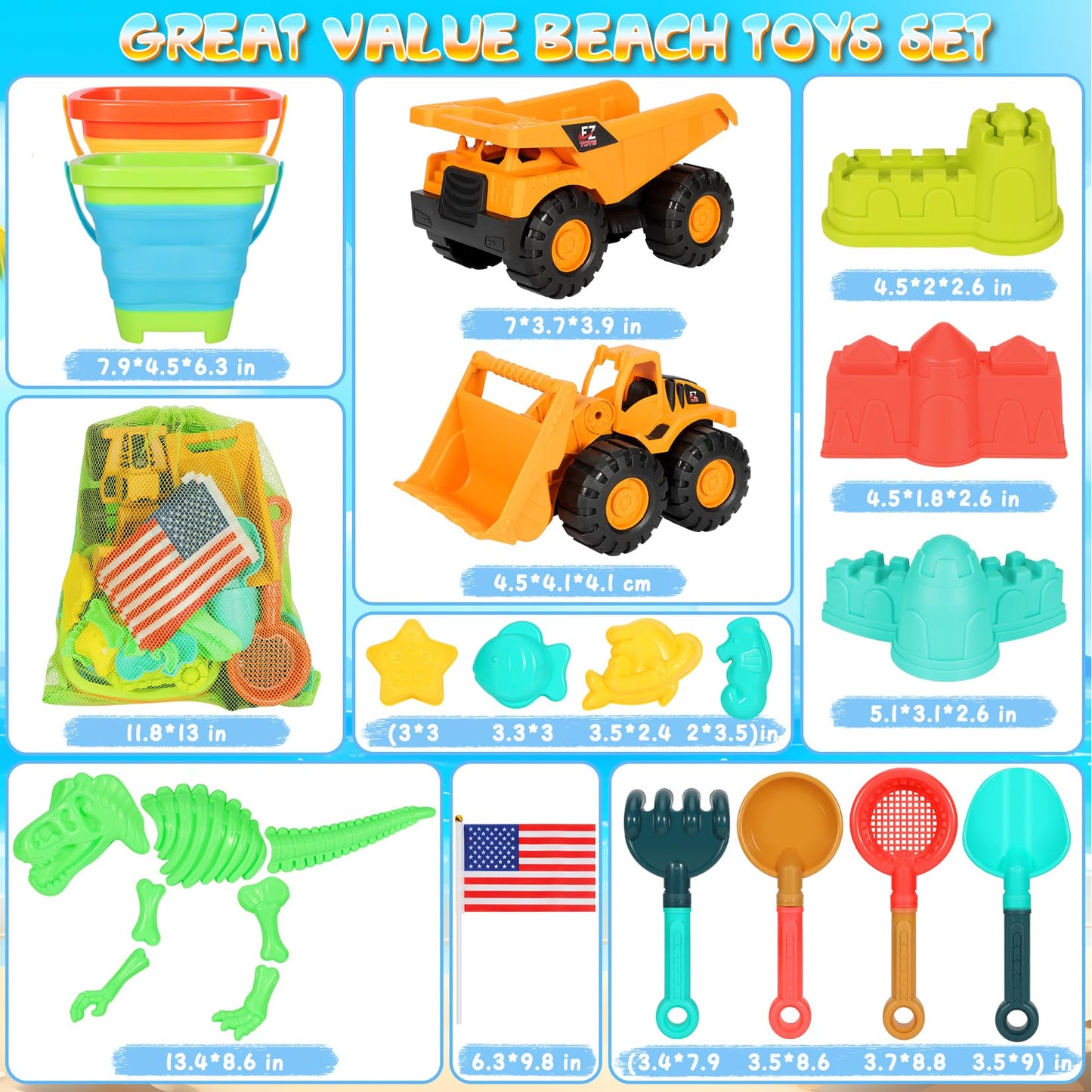 HUITEM Beach Sand Toys for Kids, 29PCS Sandbox Toys with 2 Collapsible Bucket Sand, 2 Dump Truck, Dinosaur Molds, Castle Building Kit, Shovel Sieve,Flags,Mesh Bag Travel Beach Toys for Toddler 3-10