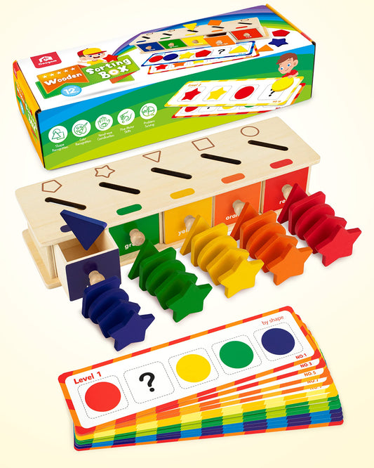 Coogam Montessori Toys Wooden Color Shape Sorting Box Game Geometric Matching Blocks Early Learning Educational Toy Gift for 3 4 5 Year-Old Baby Toddlers