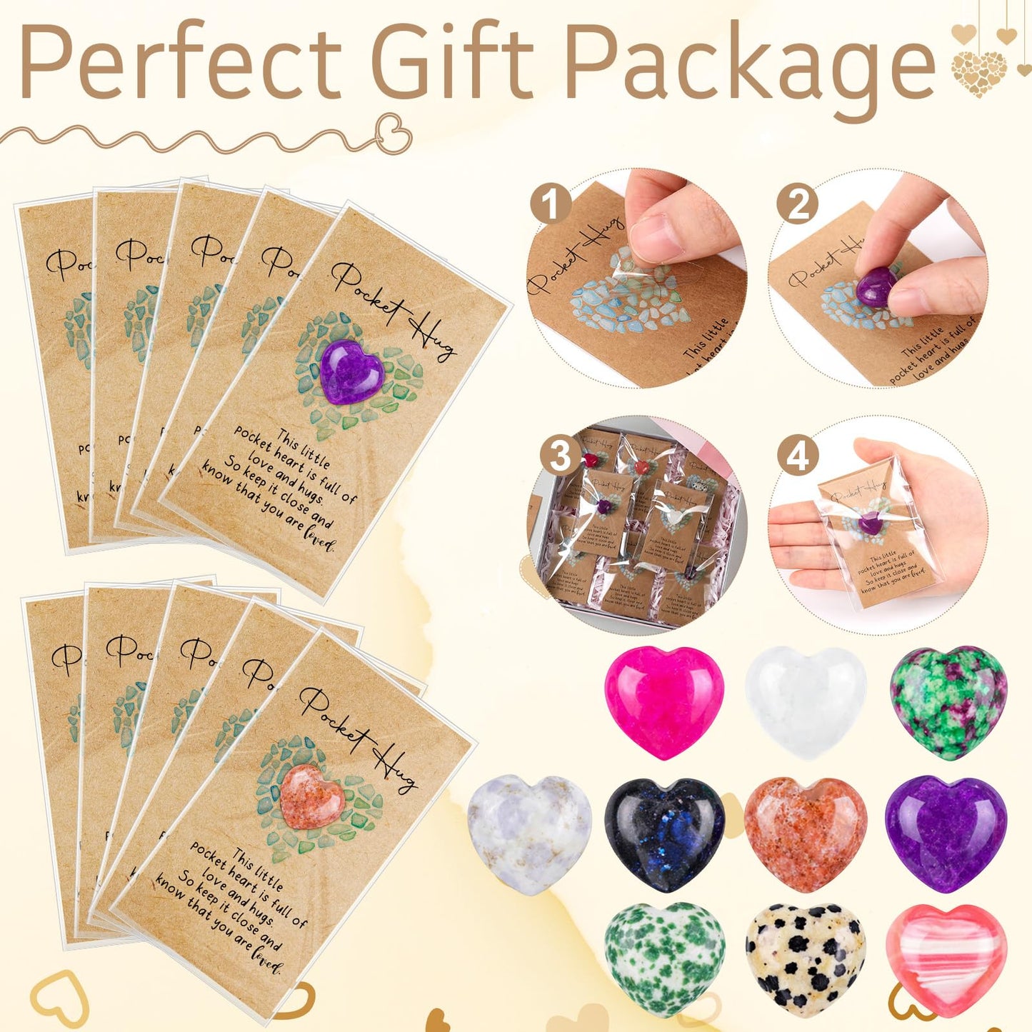 Nosiny 30 Sets Heart Stones Bulk Mother's Day Gift for Women Pocket Hug Token 0.8'' Natural Heart Crystals and Healing Stones with Card Employee Coworker Volunteer Nurse Graduation Meditation Gift