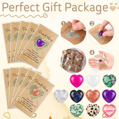 Nosiny 30 Sets Heart Stones Bulk Mother's Day Gift for Women Pocket Hug Token 0.8'' Natural Heart Crystals and Healing Stones with Card Employee Coworker Volunteer Nurse Graduation Meditation Gift