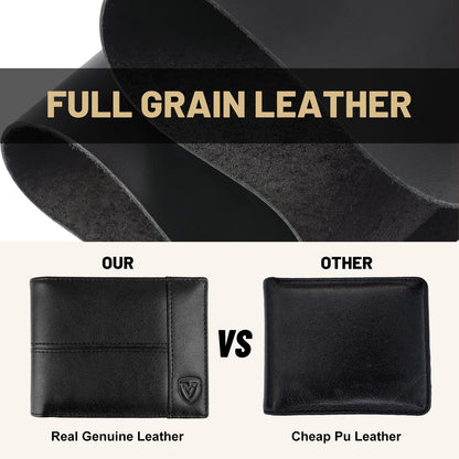 VEESKYE Full Grain Leather Wallet for Men | RFID Blocking | Extra Capacity Bifold Wallet with ID Windows | Ultra Strong Stitching | Slim Billfold with 8 Card Slots | Gift for Him Black