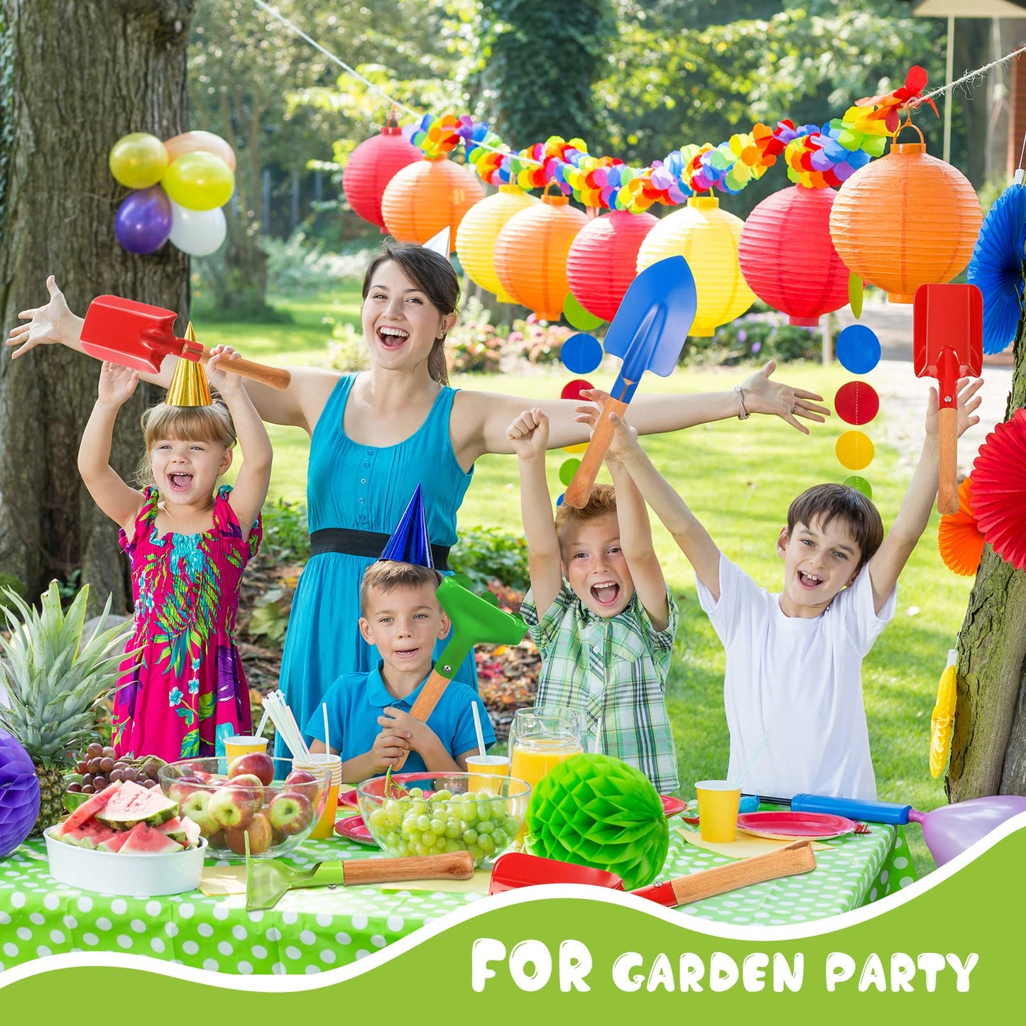 Tarpop 18 Pcs Kids Gardening Tools Set, Metal Kids Yard Tools with Sturdy Wooden Handle Safe Children Beach Sandbox Toy Sand Play Kit for Flower Soil Planting Loosening Digging, Trowel, Rake, Shovel