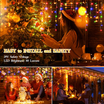FLVOECN 98FT 960 LED Christmas Lights, Waterproof 8 Modes Ice Lights for Outside with Memory and Timer Hanging Fairy Lights Plug-in Curtain String Lights for Holiday Party Wedding Home (Multicolor)