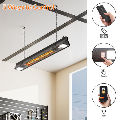 Wall-Mounted Electric Heater Hanging Patio with Light Ceiling Outdoor, 1500W Infrared 9 Heat Levels, 24H Timers, 1s Heating Carbon Fiber Tube Wall Heater for Backyard, Garage