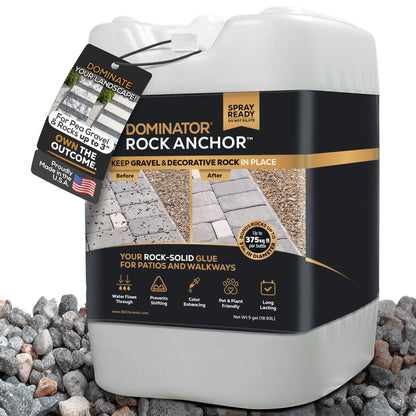 DOMINATOR Rock Anchor 5 Gal - Rock Glue for Landscaping Gravel & Stone, Ready to Spray, Locks in River Rock, Pea Gravel & Decorative Rock, Prevents Scattering & Washouts, Water-Based