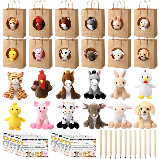Blueweenly 48 Pcs Adopt a Farm Animal Party Favor Kit for Kids, 12 Plush Farm Animal with Adoption Certificates, Gift Bags & Pens, Birthday Party Favor, Classroom Reward, Church VBS Sunday School