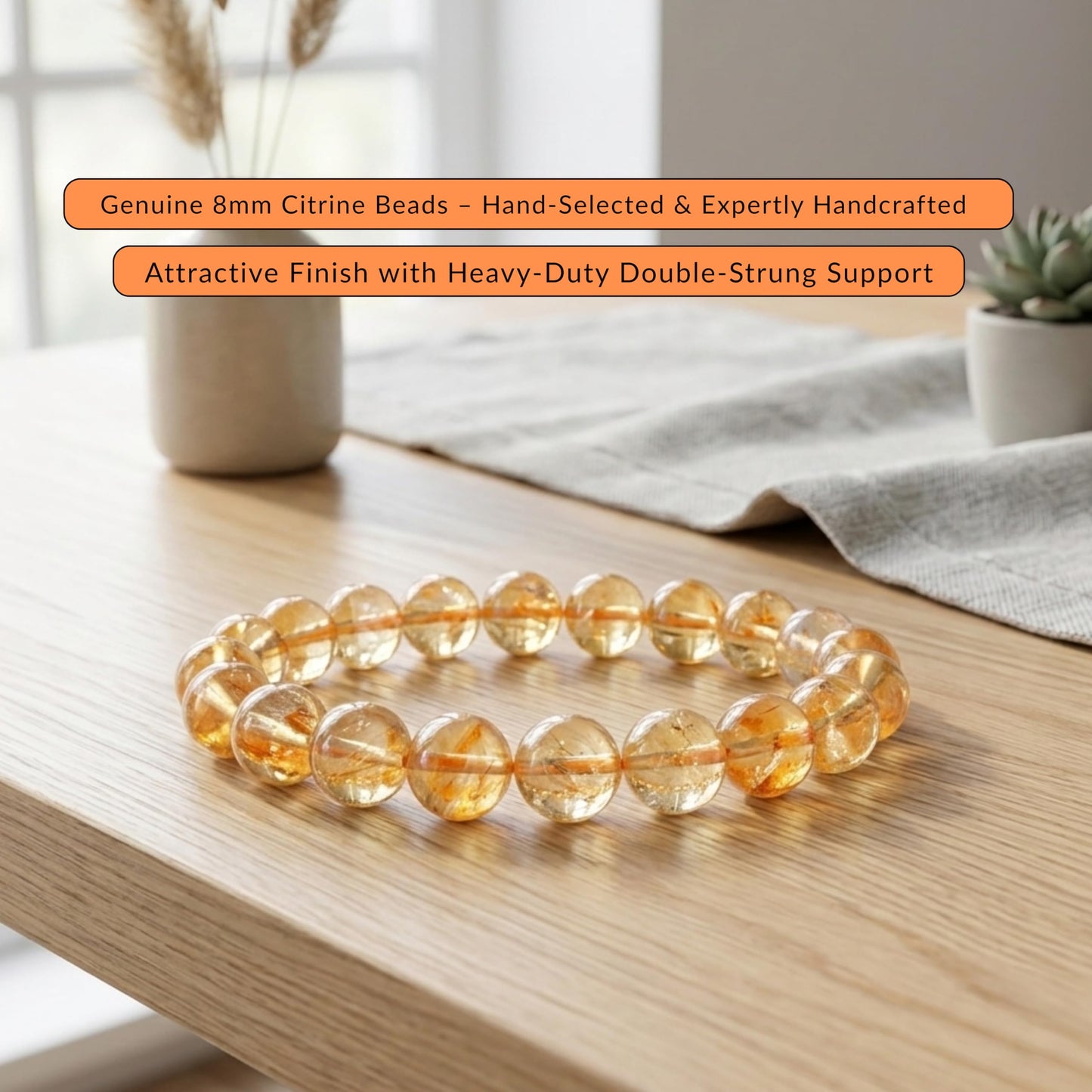 Cherry Tree Collection Citrine Beaded Bracelet – Genuine 8mm Gemstone Stretch Bracelet for Men & Women – Handmade Crystal Bracelet - (Citrine - S)