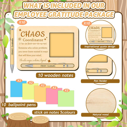 Kosiz 10 Set Chaos Coordinator Appreciation Gifts Bulk Wooden Sticky Note Holder with Notes and Ballpoint Pens Thank You Appreciation Gifts for Chaos Coordinator Team Employee Office Supplies