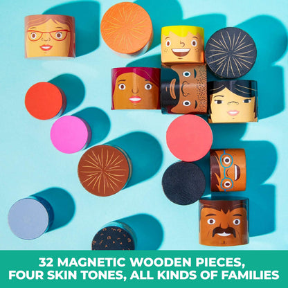 My Family Builders 32-Piece Multiracial Magnetic Family Play Set, Wooden Diversity Building Blocks for Kids, Multicultural Puzzles & SEL Toy for Toddlers & Children