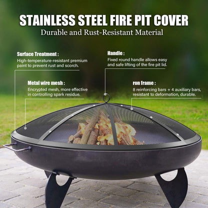 Fire Pit Spark Screen, 40Inch Fire Pit Lid Outdoor with Handle & Poker, Heavy-Duty Mesh Firepit Cove with 12 Reinforced Bars for Backyard/Beach/RV Camping