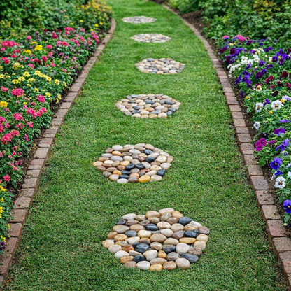 6 PCS Natural River Rock Stepping Stones for Garden Walkway - 9.5'' Hexagon Pebble Mats with Non-Slip Mesh Backing - Decorative Outdoor Stone Pavers for Patio, Lawn, Backyard Path & Landscaping Decor