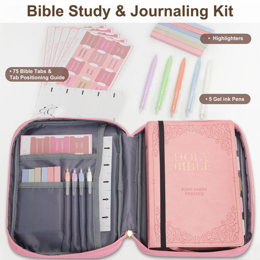 Bible Cover for Women, Bible Holder, Bible Study Supplies Accessories Bible Cover Carrier Carrying Organizer Bag, Zipper and Pockets for Standard Size Bible, Gift for Women（pinksuit）