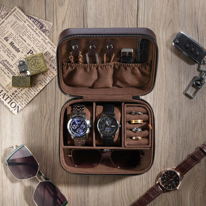 ProCase Travel Watch Case, 2 Slots PU Leather Mens Jewelry Box, Portable Watches Cufflinks Accessories Storage Case, Zippered Carrying Organizer Bag for Man, Valentine's Day Gift -Brown