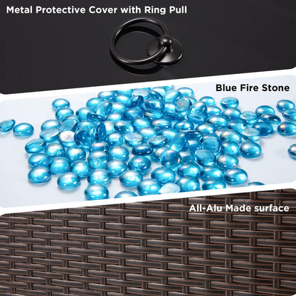 HOMREST 44in Outdoor Propane Gas Fire Pit Table, 50,000 BTU Auto-Ignition Gas Firepit, Black Tempered Glass Tabletop & Blue Glass Rock, Brown PE Rattan, CSA Certification