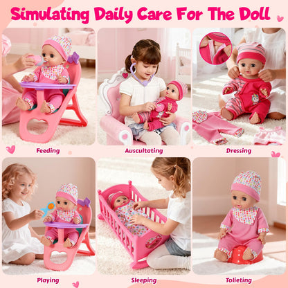 DRAMATION 12'' Interactive Baby Doll Set with Crib and High Chair, 32 PCS Baby Doll Toys Speaking 12 Sounds with Baby Doll Accessories, Doll Playset for Toddler Girl Toys Gifts 3 4 5 Years Old