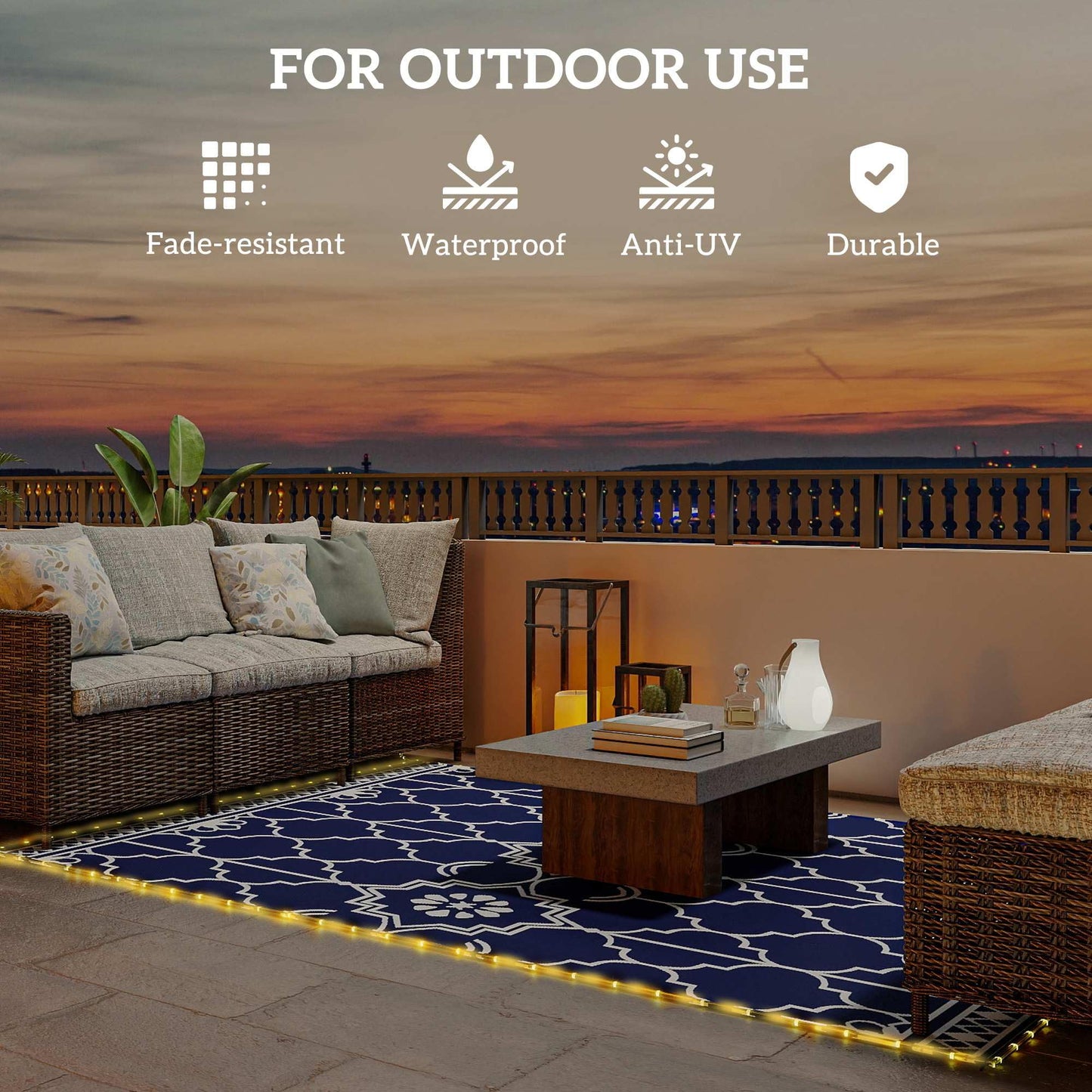 Outsunny Reversible Outdoor Rug Carpet with LED Lights, 10' x 8' PP Straw Rug, Portable RV Camping Mat with Carry Bag and Ground Stakes for Backyard, Deck, Picnic, Beach, Dark Blue and White