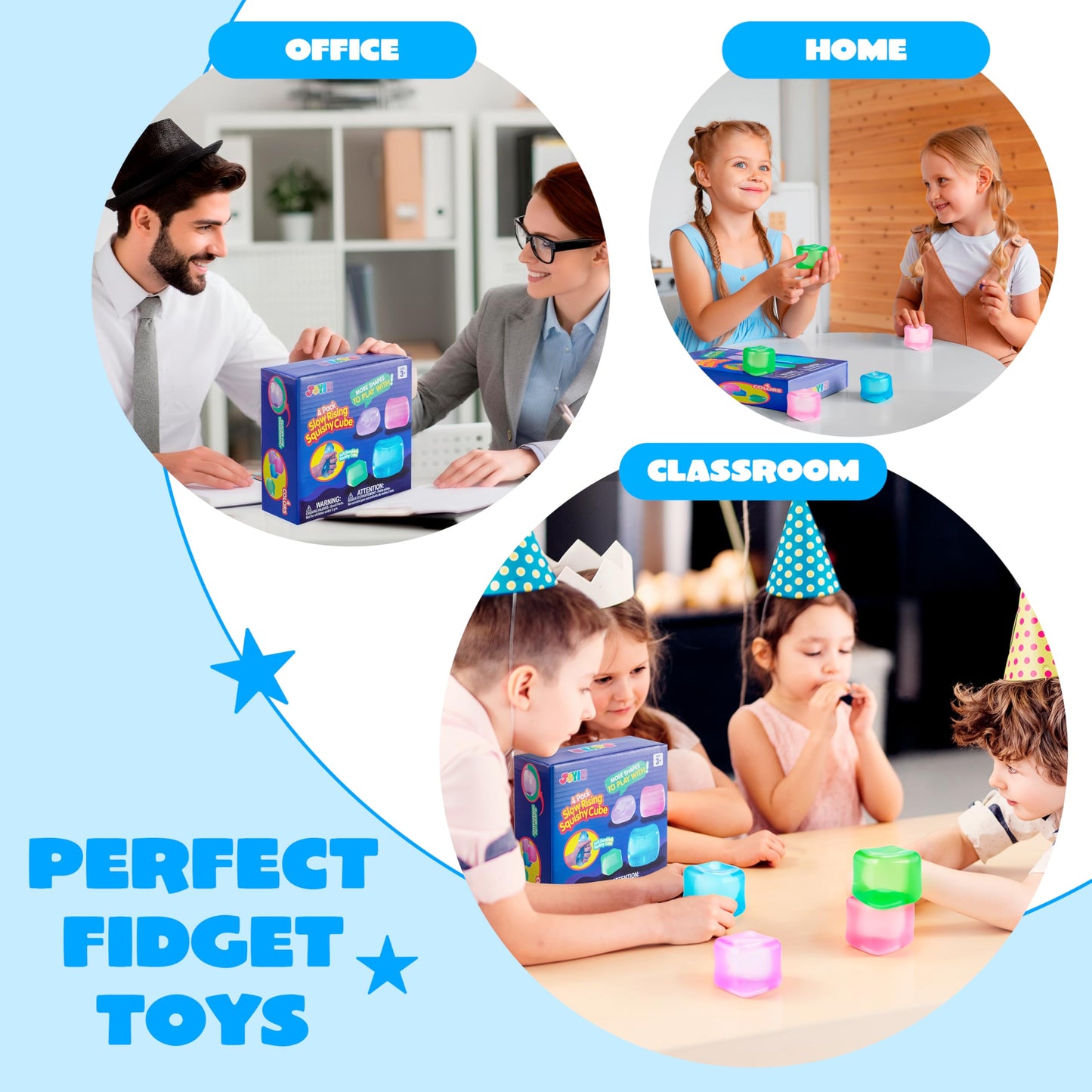 JOYIN 4 Pack Stress Cube, 2'' High Density Cube Fidget Toy, Stress Relief with Slow Rising Sensory Squishy Toys for Kids Adults, Birthday Gifts, Party Favors, Classroom Prizes for Boys Girls